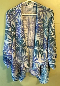 nice SUSAN GRAVER 1XP BLUE FLORAL PALM LEAVES watercolors CARDIGAN TOP 1X - Picture 1 of 2