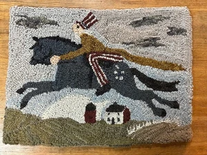 Vintage HAND-HOOKED RAG RUG 27 X 20 in UNCLE SAM Folk Art/Primitive WOOL Horse - Picture 1 of 9