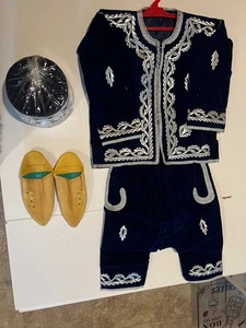 Traditional Moroccan 6-7 yr Old Boy Outfit Authentic Handmade Morocco Blue+Shoes - Picture 1 of 17