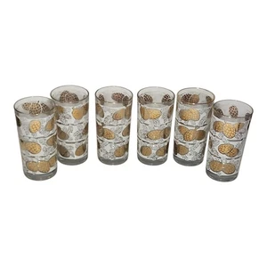 Vintage MCM Set Of 6 Gold White Foliage Pine Cone Pattern Glasses Tumblers 5.5" - Picture 1 of 6