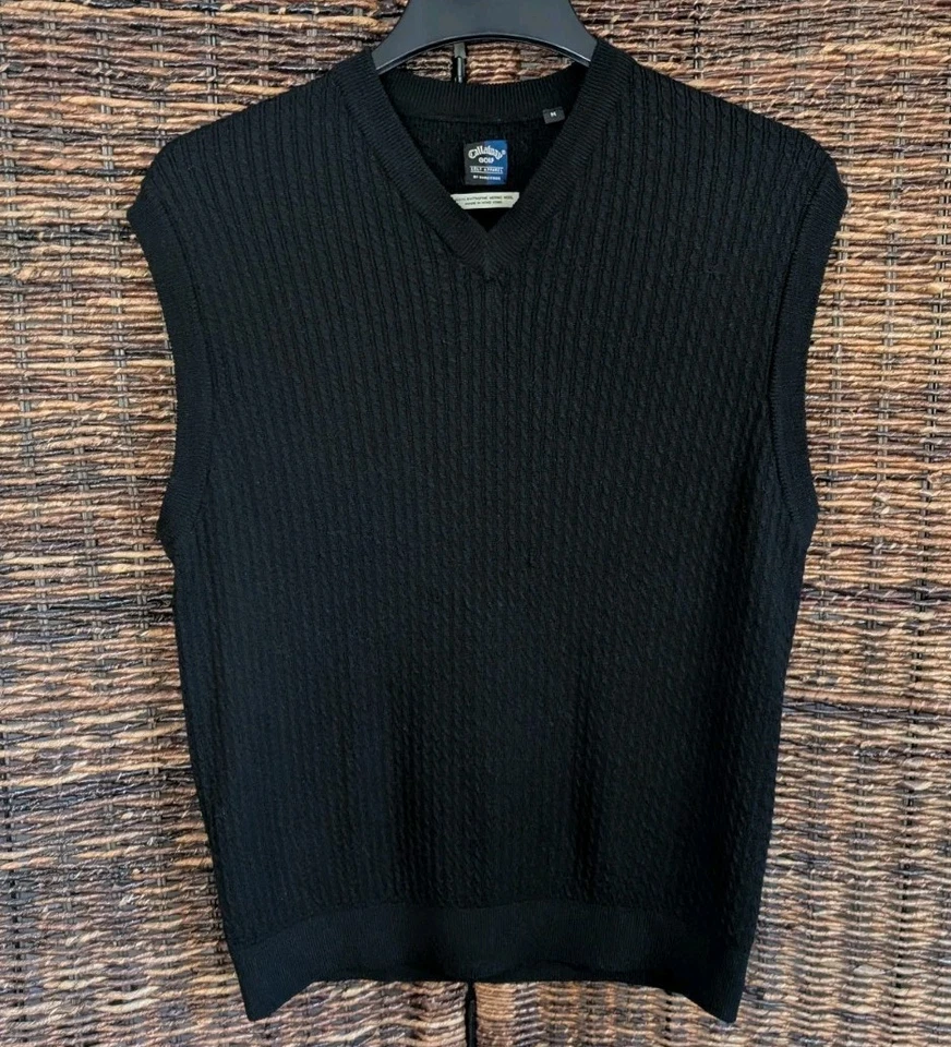 Callaway Golf Cable Knit Wool V Neck Sweater Vest Men's Medium Black Old Money - Image 1 of 4