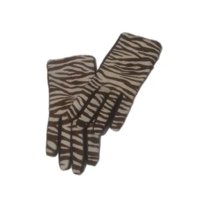 J Crew Cashmere-Lined Zebra Print Leather Gloves Brown Tech-Friendly Fingertips - Picture 1 of 10