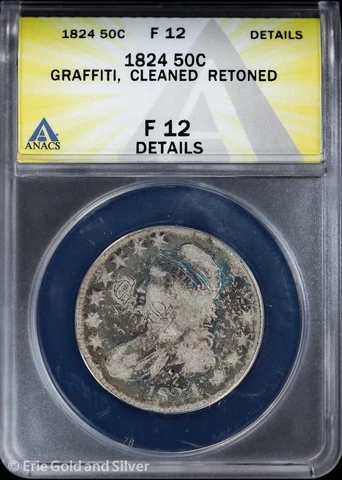 1824 50C Capped Bust Half 1/2 Dollar ANACS F 12 Details Cover