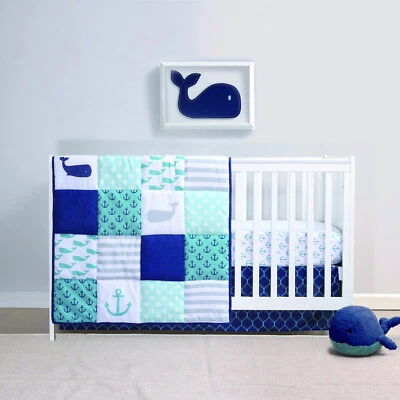 Nautical Whales & Anchors 3 Piece Boy Baby Crib Bedding Set by The Peanutshell - Image 1 of 4