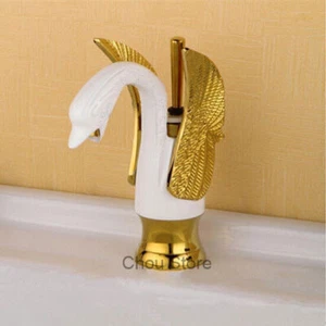 Weißgold Kunst Schwan Badezimmer Spüle Wasserhahn Ein Loch Wassermischer Wasserhahn Gold poliert - Bild 1 von 5