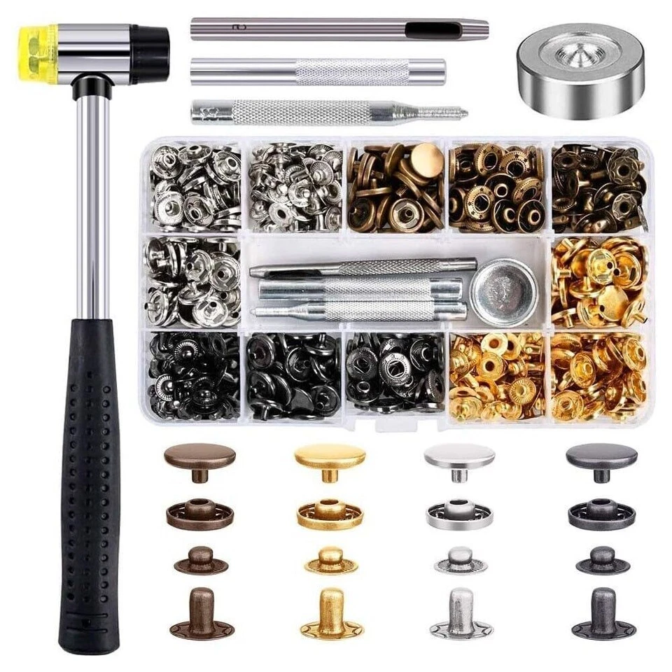 120 Sets Heavy Duty Snap Fasteners Kit Metal Buttons w/ Hammer DIY Leather Craft - Image 1 of 4