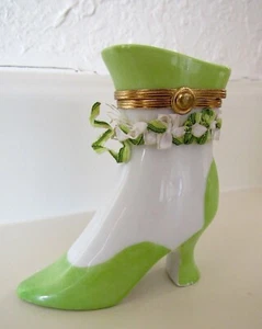 Vintage signierte Limoges Frankreich Schmuck Pillendose viktorianischer Damenschuh/Stiefel - gebraucht, in einwandfreiem Zustand - Bild 1 von 7