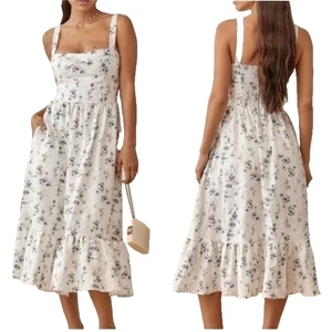 NEW Reformation Maegan Linen Dress Floral White Midi Dress Madeleine | US 0 UK 4 - Picture 1 of 9