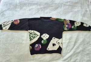 Vintage Perry Ellis Chunky Pullover Sweater Sz S Cotton Darts Dice Cards Pool - Picture 1 of 14