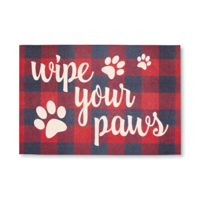 NEW Wipe Your Paws Buffalo Plaid Doormat 18.5x27" pet pawprint accents nonslip - Image 1 of 4