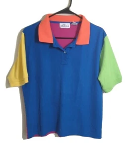 Vintage SASHA Woman's Sm Color Block Blue Pink Neon Polo Golf Shirt 80s Preppy - Picture 1 of 6