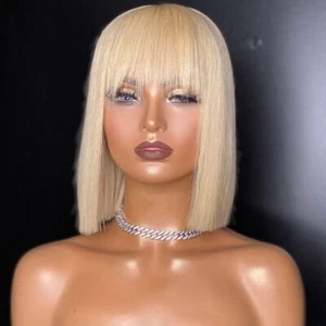 613 Blonde Short Straight Bob Wig With Bangs Remy Human Hair Full Machine Made - Bild 1 von 12