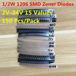 150PC 15 Valori 0.5W 1/2W 2V-24V 1206 SMD Diodi Zener Diodi Kit Assortito LL34 - Foto 1 di 3