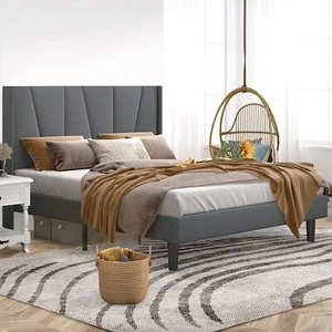 Upholstered Platform Bed with Wingback Headboard,No Box Spring Needed,Grey/Beige - Picture 1 of 46