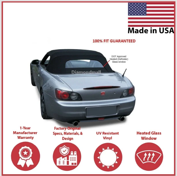 Honda S2000 2002-09 convertible techo blando con vidrio térmico aprobado por DOT, negro Foto 1 de 2