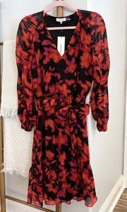 NEW Calvin Klein Chiffon Dress Medium Autumn Floral Gold Metallic Tie Waist NWT! - Picture 1 of 10