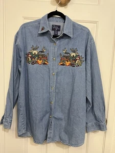 VTG 90s Quizz New York Denim Embroidered Button Up Shirt Sz L Thanksgiving Fall - Picture 1 of 7
