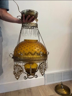 Antique Antique Amber glass Hobnail Hanging Oil Lamp chandelier - Image 1 of 4