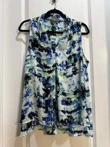 Vince Camino Blue Floral Sleeveless Top Large VNeck Armpit To Armpit 22” - Picture 1 of 7
