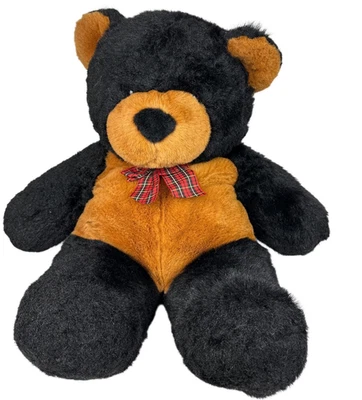 Vintage Commonwealth Plush Teddy Bear 27" Black & Brown w Red Plaid Bow - Image 1 of 4