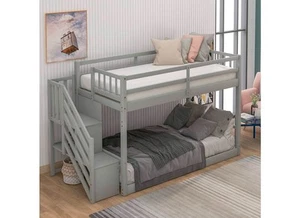 Twin over Twin Bunk Bed with Trundle and Staircase Wood Bed Frame Bedroom Gray - Picture 1 of 2