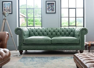 Bespoke Edward Vintage Green Leather Button Back Chesterfield Sofa (colours) - Picture 1 of 2