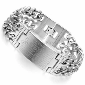 9.1" Stainless Steel English Bible Verse Cross Wide Bracelet For Men Heavy - Picture 1 of 4