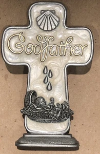 CRUZ DEL PADRINO Mesa por Jeweled Cross Company Peltre Religioso Bautismo Regalo - Imagen 1 de 4