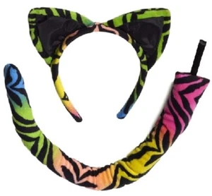 Party Animal Rainbow Tiger Cat Ear Headband & Tail Costume Set #6161 - Picture 1 of 6