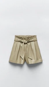 Zara Light Green High Waist Faux Leather Bermuda Shorts Size M, Uk10-12 - Picture 1 of 6