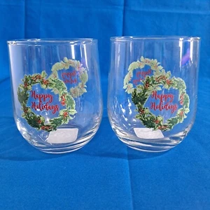 Set 2 New 'HAPPY HOLIDAYS' Stemless Old-Fashioned GLASSES 16.8 Oz Christmas Wine - Picture 1 of 11