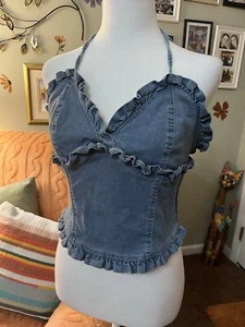 NEU NEU MIT ETIKETT Damen Large sexy weich Denim kurz geschnitten Rüschen Neckholder Top Shirt - Bild 1 von 10