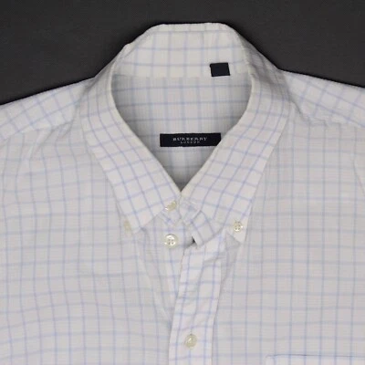 Burberry London Mens Dress Shirt XL White Light Blue Plaid Cotton Seersucker S/S - Image 1 of 4
