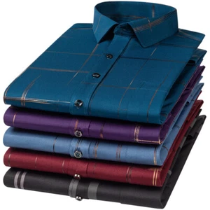 Mens Dress Shirts Formal No Ironing Elastic Long Sleeves Business Casual Shirts - Picture 1 of 18