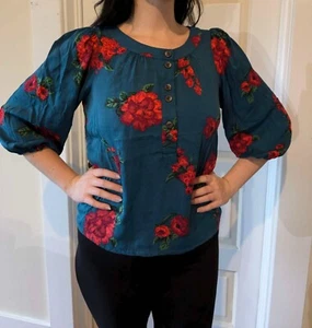Anthropologie Maeve Kalas Teal Henley Floral Woven Blouse xs - Picture 1 of 9