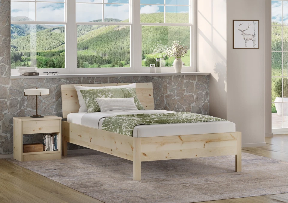 Echtholzbett Einzelbett Zirbe massiv metallfrei 120x200 mit wählbaren Zubehör  - Bild 1 von 1