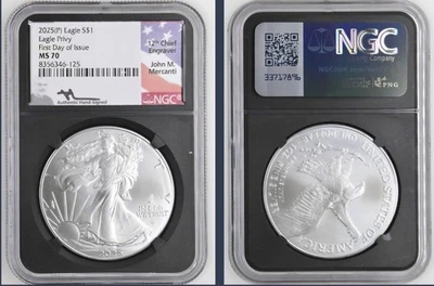 2025 ASE SOARING EAGLE PRIVY NGC MS70 FIRST DAY OF ISSUE MERCANTI SIGNED LABEL  - Image 1 of 3