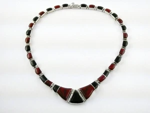 Taxco Mexico 950 Silver Black Onyx and Red Jasper Panel Link Necklace 67.7g 15In - Picture 1 of 24