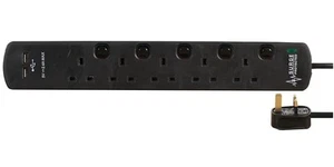 8518SU BLK SURGE 5 Gang 2 USB Augmentation Protégé Câble Rallonge, 2m, Noir - Afbeelding 1 van 1