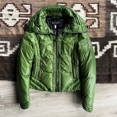 Armani Jeans AJ Vintage Women’s Green Shiny Nylon Down Puffer Jacket Size L - Image 1 of 4