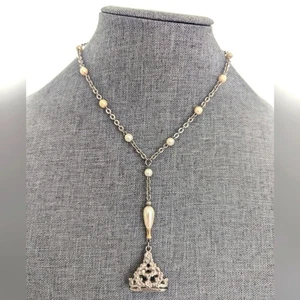 1928 Y Drop Faux Pearl Chain Ornate Silver Tone Filigree Basket Pendant Necklace - Picture 1 of 4