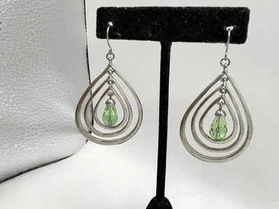 Silver Tone Layered Tear Drop Pierced Earrings W/Peridot Green Crystal Dangle - Image 1 of 4