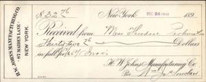 1895 New York (NY) Receipt H. W. Johns Manufacturing Co. Theo. Perkins 'william - Picture 1 of 2