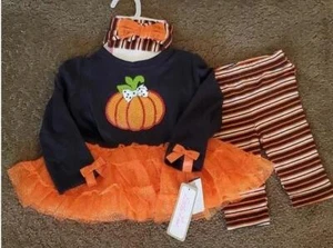 Baby Girl Little Lass 3pc Sequined Pumpkin Halloween Set Tunic Leggings Bow NWT - Picture 1 of 1