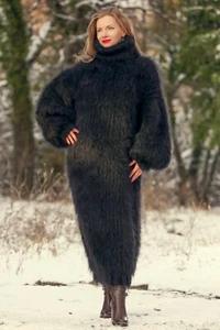 SuperTanya Vestido Mohair Negro Difuso Hecho a Mano Suéter Largo Listo para Enviar L-XL - Imagen 1 de 8