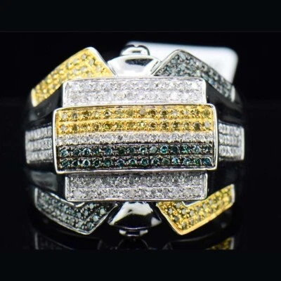 0.80 克拉蓝色和黄色钻石 14K 镀白金表粉色男士戒指 — 第 1/4 张图片