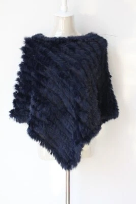 Women Real Rabbit Fur Cape Poncho Coat Winter Shawl Wraps Handmade Dark Blue - Image 1 of 4