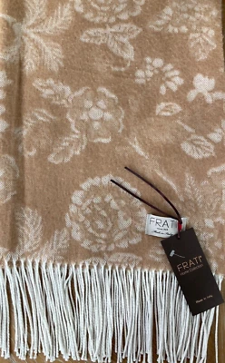 FRATI~ITALY~Throw/Blanket~WOOL/BAMBOO~52 x 60" + Fringe~tan/white~floral~NWT~ - Image 1 of 4