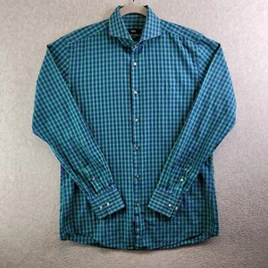 Hugo Boss Shirt Mens 15 3/4 40 Blue Green Gingham Plaid Dwayne Collar Stays - Picture 1 of 17
