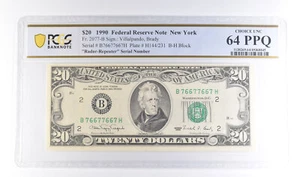 1990 $20 New York FRN Fr#2077-B Radar-Repeated Serial Unc 64 PPQ PCGS *6121 - Picture 1 of 3